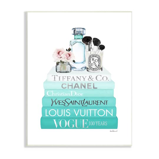 Stupell Industries Glam Fashion Cosmetics Soft Roses Blue Bookstack Wall Plaque